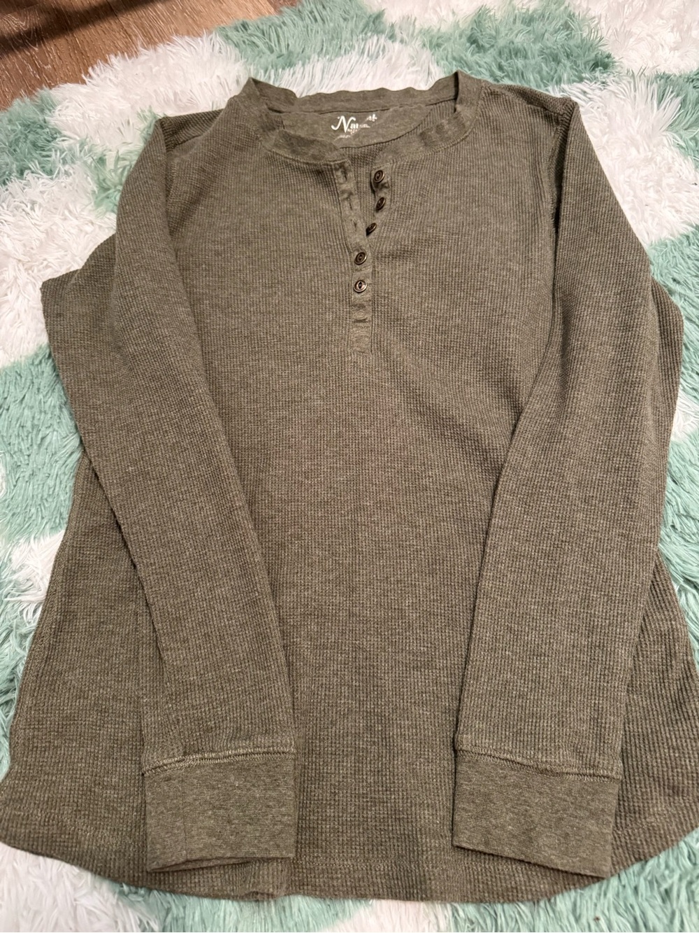 Natural Reflections Olive Green Ribbed Henley Sweater